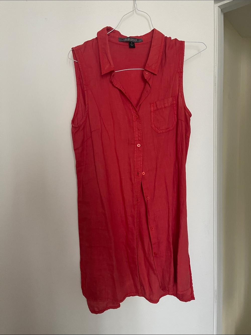 Red Sleeveless Button-Front Shirt Dress